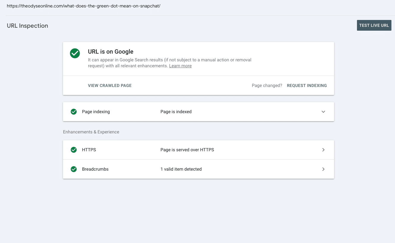 view result of the page indexed